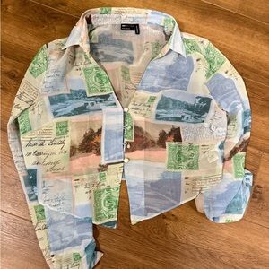 ASOS Sheer Postcard Print Button-Front Blouse in Blue, Green, Cream